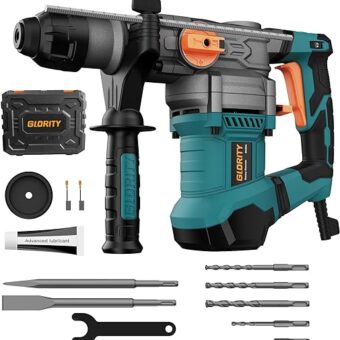 1-1/4 Inch SDS-Plus 13 Amp Heavy Duty Rotary Hammer Drill with Safety Clutch 4 Functions and Variable Speed, Including Chisels and Drill Bits