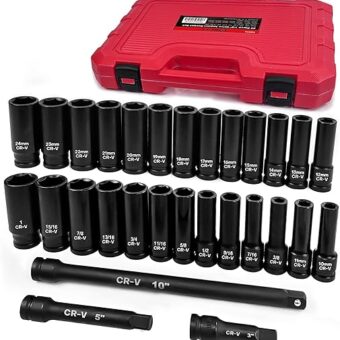 1/2" Drive Impact Socket Set, 29 Piece Deep Socket with Extension Bar, Cr-V Steel, SAE & Metric, 6 Point, (3/8" - 1", 10-24mm)