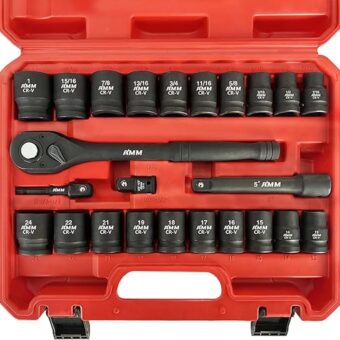 1/2" Drive Master Impact Socket Set, 24-Piece Shallow Standard SAE (7/16-Inch to 1-Inch) & Metric (13-24 mm) Sizes, Socket Assortment with Ratchet...