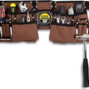 11 Pocket Brown and Black Heavy Duty Construction Tool Belt, Work Apron, Tool Pouch, with Poly Web Belt Quick Release Buckle - Adjusts from 33”...