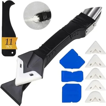 11Pcs-3in1 Silicone Caulking Tools(Stainless Steelhead)Grout Removal Tool & Grout Remove Scraper,5 Silicone Replaceable Pads,4 Glass Glue Angle...