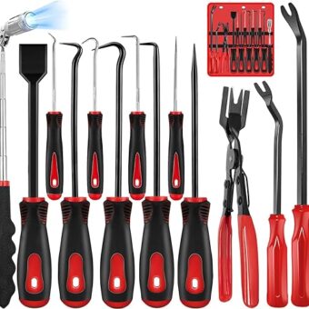 13 Pcs Automotive Pick Set and Hook Tool Kit with Auto Gasket Scraper Clip Removal Plier Rivets Puller Telescoping Magnetic Pickup for Mechanic Repair