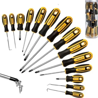 14-Piece Magnetic Screwdriver Set, 5 Phillips and 5 Flat Tips with 4 Pick & Hooks - Storage Bucket(14PCS)