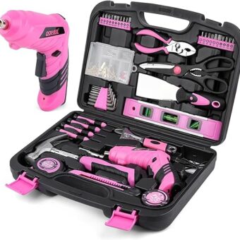 143 Pcs Pink Homeowner Tool Set with 3.6V Cordless Screwdriver General Household Hand Tool Kit with Plastic Tool box Storage Case for Women,Men