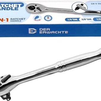 3-IN-1 Ratchet Handle, 1/4", 3/8", 1/2", Ratchet Wrench, Socket Wrench, 72-Tooth, Reversible Switch, Full-Polished Chrome Plating, Chromium...