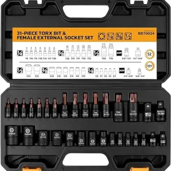 31-Piece Torx Bit Socket Set: Premium CR-V & S2 Alloy Steel, Star T8-T70 & E-Torx E4-E24, High Torque Laser Marked for Automotive Mechanic