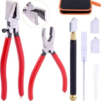 3Pcs Premium Glass Running Breaking Pliers and Class Cutter Kit, Heavy Duty Glass Cutting Tool with Rubber Tip, Work Great for Stained Glass,...