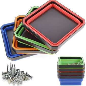 4Pcs Collapsible Magnetic Parts Tray, Multi-Color Magnetic Foldable Tray, Silicone Magnetic Tool Square Tray, Mechanic's Folding Bowl & Magnetic...