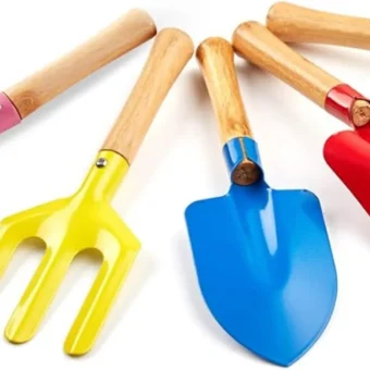 5 Piece 8" Kids Gardening Tools, Made of Metal with Sturdy Wooden Handle, Safe Beach Sandbox Snow Field Toy Gardening Equipment Spoon, Fork,...