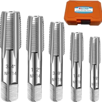 5-Piece NPT Pipe Tap Set, 1/8", 1/4", 3/8", 1/2", 3/4" ¾” NPT Tap Set Carbon Steel Hand Threading Plumbing Tap Set for Accurate Threads, Assorted...