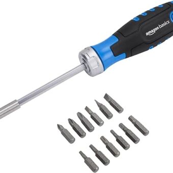 Amazon Basics 12 Piece in-1 Magnetic Ratchet Screwdriver, Blue, Black, Silver