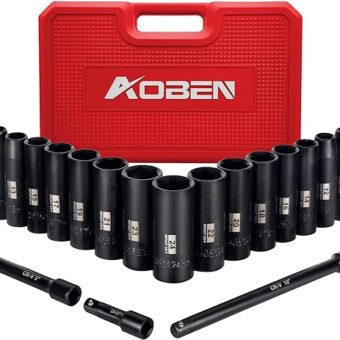 AOBEN 1/2-Inch Drive Impact Socket Set, 18 Pieces, 6 Point, Metric, 10mm - 24mm, Deep, Cr-V Steel, Includes 3", 5", 10" Extension bars