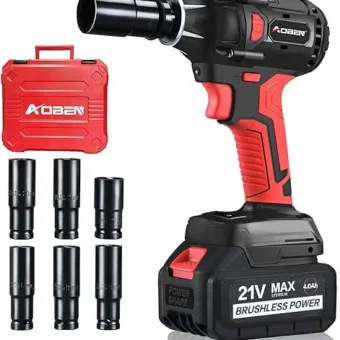 AOBEN 21V Cordless Impact Wrench, 400N.m Max Torque, 3000rpm Speed, 4.0Ah Li-ion Battery, 6Pcs Driver Sockets, Fast Charger, Tool Bag