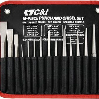 C&T 16-Piece Punch and Chisel Set with Storage Pouch, Including Taper Punch, Cold Chisels, Pin Punch, Center Punch, Chrome Vanadium Steel