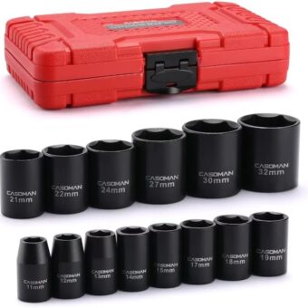 CASOMAN 14 Pieces 1/2-Inch Drive Shallow Impact Socket Set, Metric, 6-Point, 11mm to 32mm