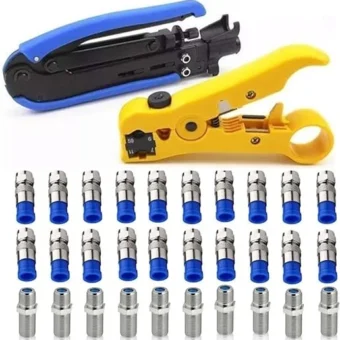 Coaxial Compression Tool Coax Cable Crimper Kit Adjustable rg6 rg59 rg11 75-5 75-7 Coaxial Cable Stripper with 20pcs F Male And 10pcs Female to...