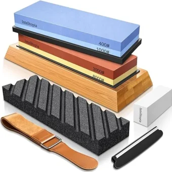 Complete Knife Sharpening Stone Set – Dual Grit Whetstone 400/1000 3000/8000 Knife Sharpener with Leather Strop, Flattening Stone, Bamboo Base, 3...