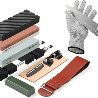 Complete Whetstone Knife Sharpener Kit, 4 Side Grit 400/1000 3000/8000 Water Stone with Non-Slip Holder, Flattening Stone, Cut Resistant Gloves,...