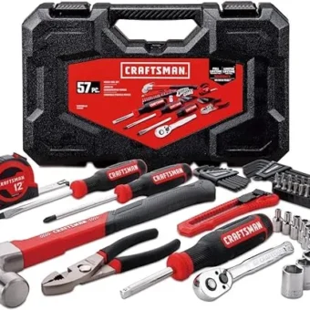 CRAFTSMAN Home Tool Kit / Mechanics Tool Set, 57-Piece, Hammer, Screwdrivers, Drill Bits, Sockets, Ratchet, Hex Keys, Tape Measure, Pliers and More...