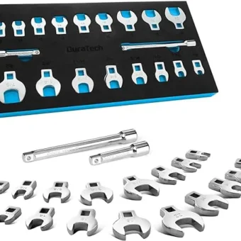 DURATECH 3/8" Drive Crowfoot Wrench Set with 2 Extension Bars, SAE & Metric, 19-Piece, 10-22mm & 3/8"-7/8", CR-V Steel, with EVA Foam Tool Organizer