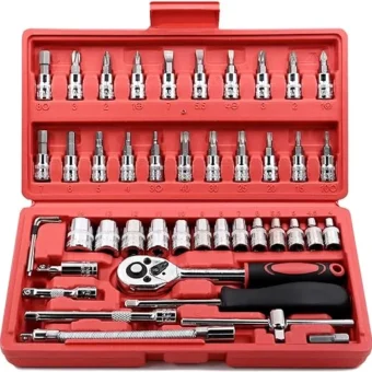 Egofine 46 Pieces 1/4 inch Drive Socket Ratchet Wrench Set, with Bit Socket Set Metric and Extension Bar for Auto Repairing and Household, with...