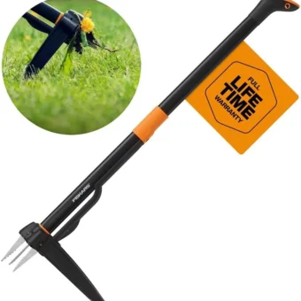 Fiskars 4-Claw Stand Up Weeder - Gardening Hand Weeding Tool with 39" Long Ergonomic Handle - Easy-Eject Mechanism - Black/Orange