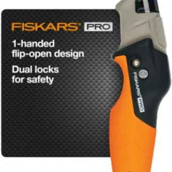 Fiskars Pro Retractable Folding Utility Knife - Box Cutter with CarbonMax Blade- Work Gear - Orange/Black