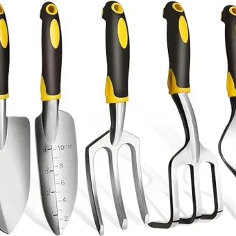 Garden Tools, 5 Piece Heavy Duty Gardening Tools Set with Non-Slip Rubber Grip, Stainless Steel Garden Tool