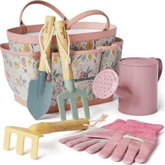 Gardening Set, Tool Kit, for Kids, STEM, Includes Tote Bag, Spade, Watering Can, Rake, Fork, Trowel and Gloves (Floral)