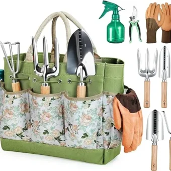 Gardening Tools 9-Piece Heavy Duty Gardening Hand Tools with Fashion and Durable Garden Tools Organizer Handbag,Rust-Proof Garden Tool Set, Ideal...