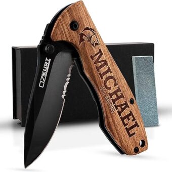 Gifts for Men, Personalized Engraved Oak Wood Pocket Knife - 36 Icons, 20 Stylish Font - Custom Pocket Knives