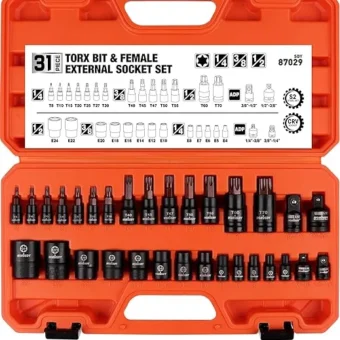 HORUSDY 31-Piece Torx Bit Socket and Female External Socket Set | 14 Star Bits (T8- T70) and 12 Female E-Torx Sockets (E4-E24) | 4 Impact Socket...