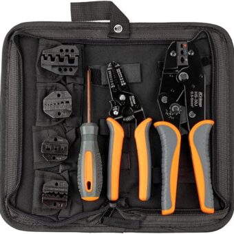 iCrimp Ratchet Wire Crimping Tool Set w/ 5 Interchangeable Jaws for Insulated and Non-Insulated Terminals AWG20-2, Wire Stripper included