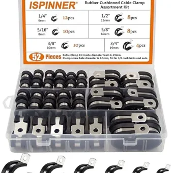 ISPINNER 52pcs Cable Clamps Assortment Kit, 304 Stainless Steel Rubber Cushion Pipe Clamps in 6 Sizes 1/4" 5/16" 3/8" 1/2" 5/8" 3/4"