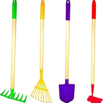 JustForKids Kids Garden Tool Set Toy, Rake, Spade, Hoe and Leaf Rake, reduced size , made of sturdy steel heads and real wood handle, 4-Piece,...