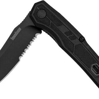 Kershaw Appa Folding Serrated Tactical Pocket Knife, Assisted Opening, 2.75 inch Serrated Black Blade and Handle, Small, Lightweight Every Day Carry