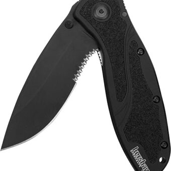 Kershaw Glassbreaker Blur Pocketknife, 3.4" Sandvik 14C28N Stainless Steel Recurved Serrated Blade, assisted opening EDC, Emergency Tool