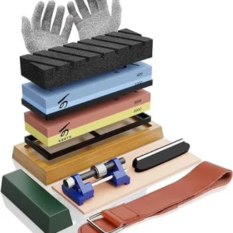 KERYE Japanese Whetstone Sharpener Set - 400/1000 3000/8000 Grit Water Stones, Flattening Stone, Honing Guide, Cut Resistant Gloves