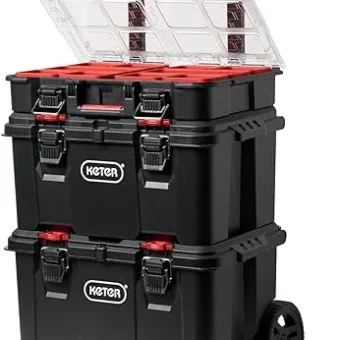 Keter Stack-n-Roll Mobile Tool Storage and Organization, 3 Piece Resin Modular Toolbox System