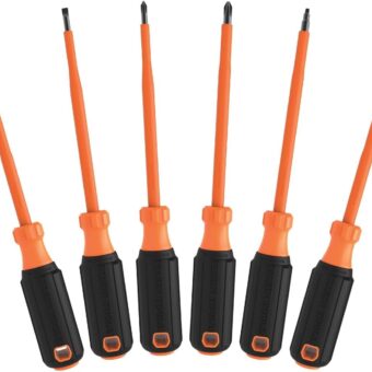 Klein Tools 85076INS Insulated Screwdriver Set features 1000V Screwdrivers, (3) Phillips and (2) Slotted and Square Tips, 6-Piece