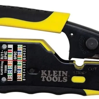 Klein Tools VDV226-110 Ratcheting Modular Data Cable Crimper / Wire Stripper / Wire Cutter for RJ11/RJ12 Standard, RJ45 Pass-Thru Connectors