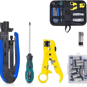 KOTTO Coax Cable Crimper Kit, Compression Tool Coax Adjustable RG6 RG59 RG11 75-5 75-7 Coaxial Cable Stripper with 20 PCS F Compression Connectors