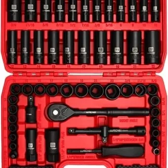 LLNDEI 3/8”Drive Impact Socket Set,Standard SAE(5/16 to 3/4-Inch) Metric Size(8-22mm), 95 Piece, CR-V Steel Deep&Shallow Kit, Adapters, Ratchet...