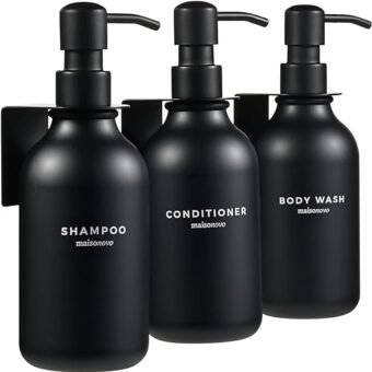 MaisoNovo Shampoo and Conditioner Dispenser with Wall Mounts | Set of 3 Black Plastic Bottles Black Pump