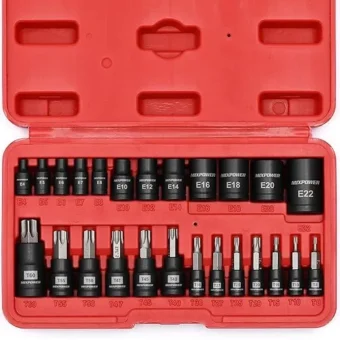 MIXPOWER 25 Piece Torx Bit and Socket Set, 13 Star Bits (T8- T60) & 12 E-Torx Sockets (E4-E22), Professional Grade Auto & Motorcycle Mechanic Set