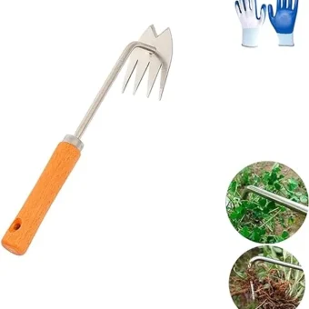 Netmon Stainless Steel Multifunctional Weeder, Stand Up Weed puller, Hand Weeder Tool for Gardening with Wood Handle, V-Shaped Light Duty Hand...