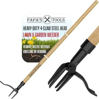 Papa's Weeder - Stand Up Weed Puller Tool Made with Long Wooden Handle - Real Bamboo & 4-Claw Steel Head - Easily Remove Weeds Effortlessly Without...