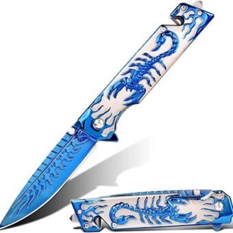 Pocket Knife for Men, Cool Folding Knife With 3D Embossed Relief, Great Gift Edc Knife For Men Outdoor Survival Camping (Blue)