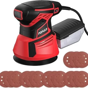 POPULO Palm Orbital Sander Tool 5 inch 3Amp 360W with 15 Sandpapers, Dust Collection System, and Ergonomic Design for Efficient Sanding -sanders...