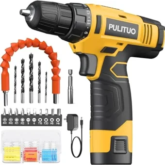 PULITUO 12V Yellow Cordless Drill Set Power Drill Kit with Battery and Charger,electric drill home improvement,3/8-Inch Keyless Chuck,Built-in...